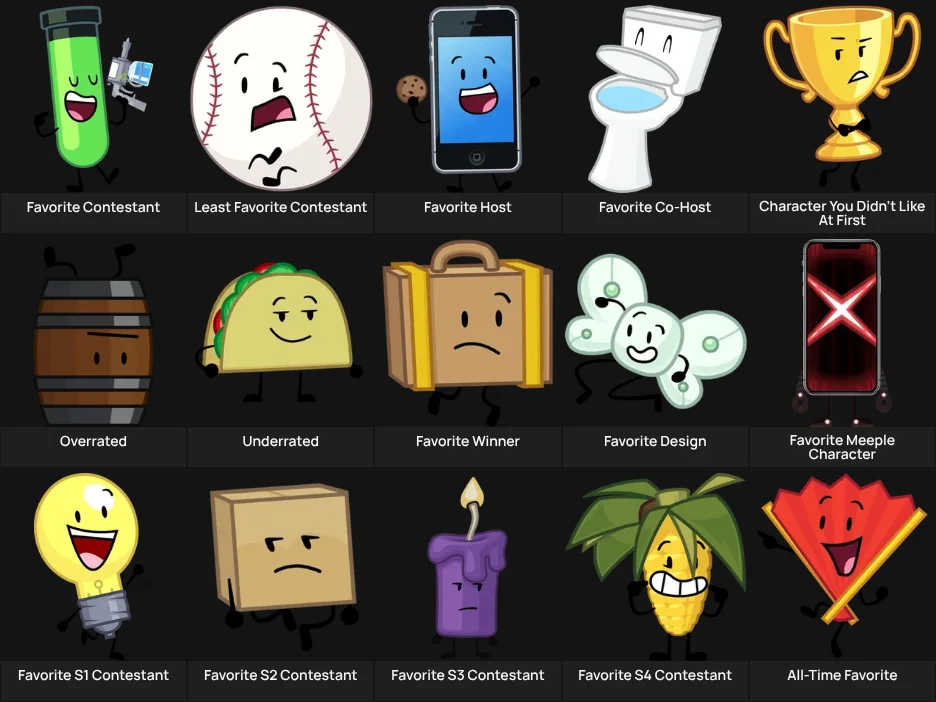 My Inanimate Insanity character grid!