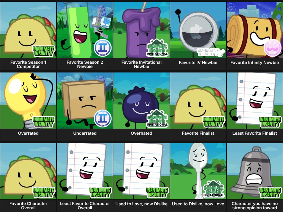 Inanimate Insanity Contestants (as of S4E5)