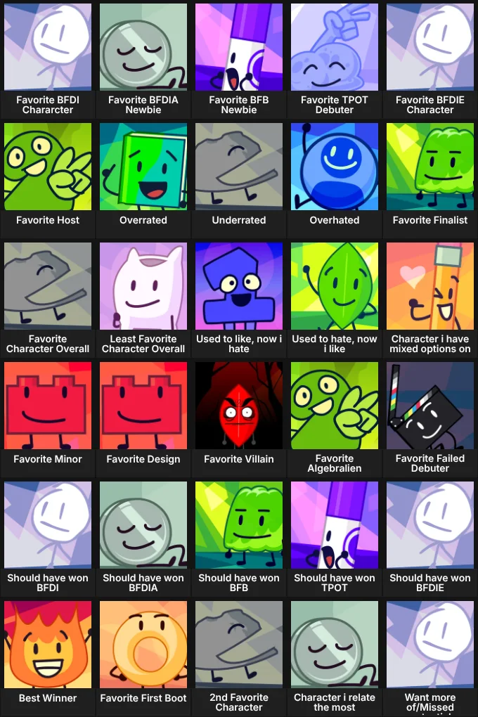 Bigger BFDI Character Grid