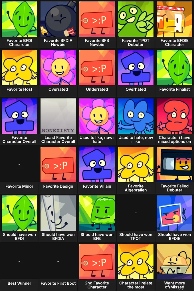 Bigger BFDI Character Grid